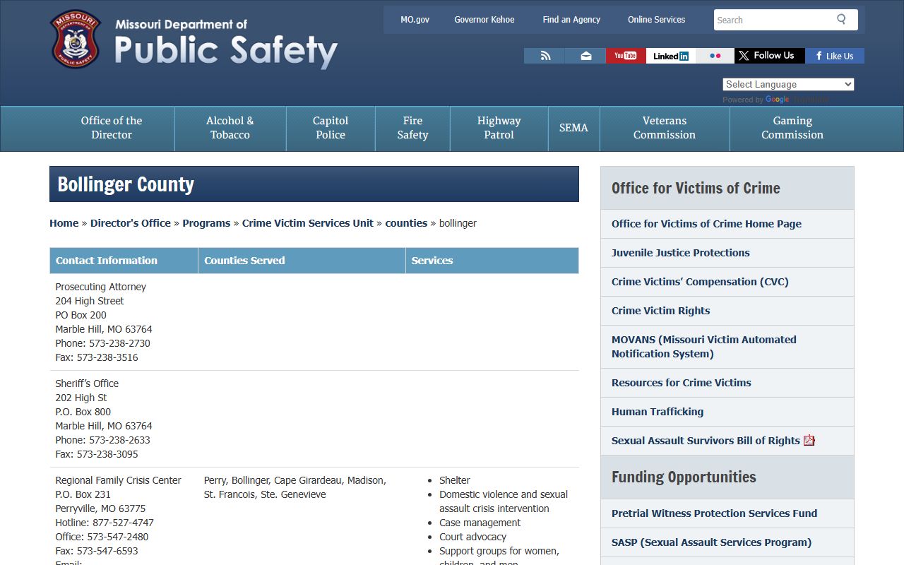 Bollinger County Missouri DPS sex offender registry page