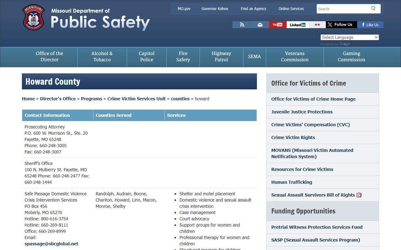 Howard County Missouri sex offender registry DPS page