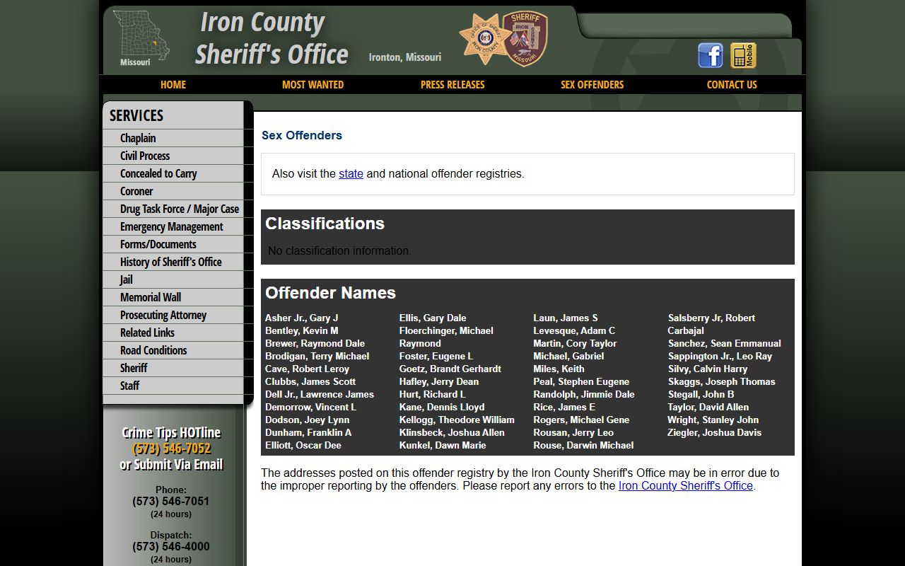 Iron County Missouri sex offender list from sheriff's office