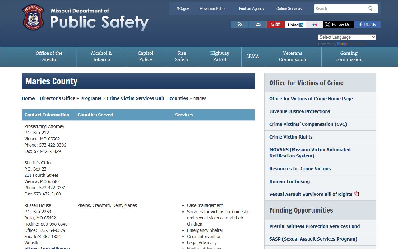 Maries County Missouri DPS sex offender registry page