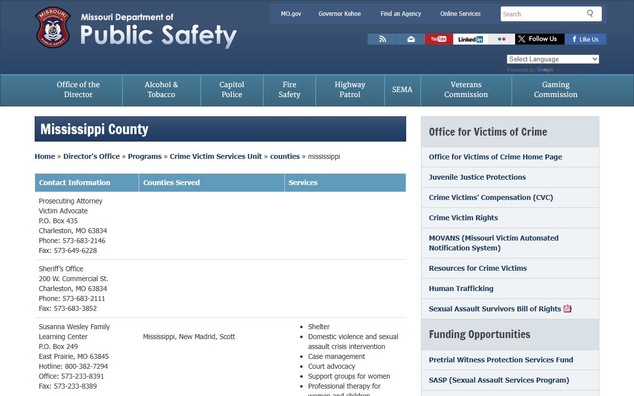 Mississippi County Missouri DPS sex offender registry page