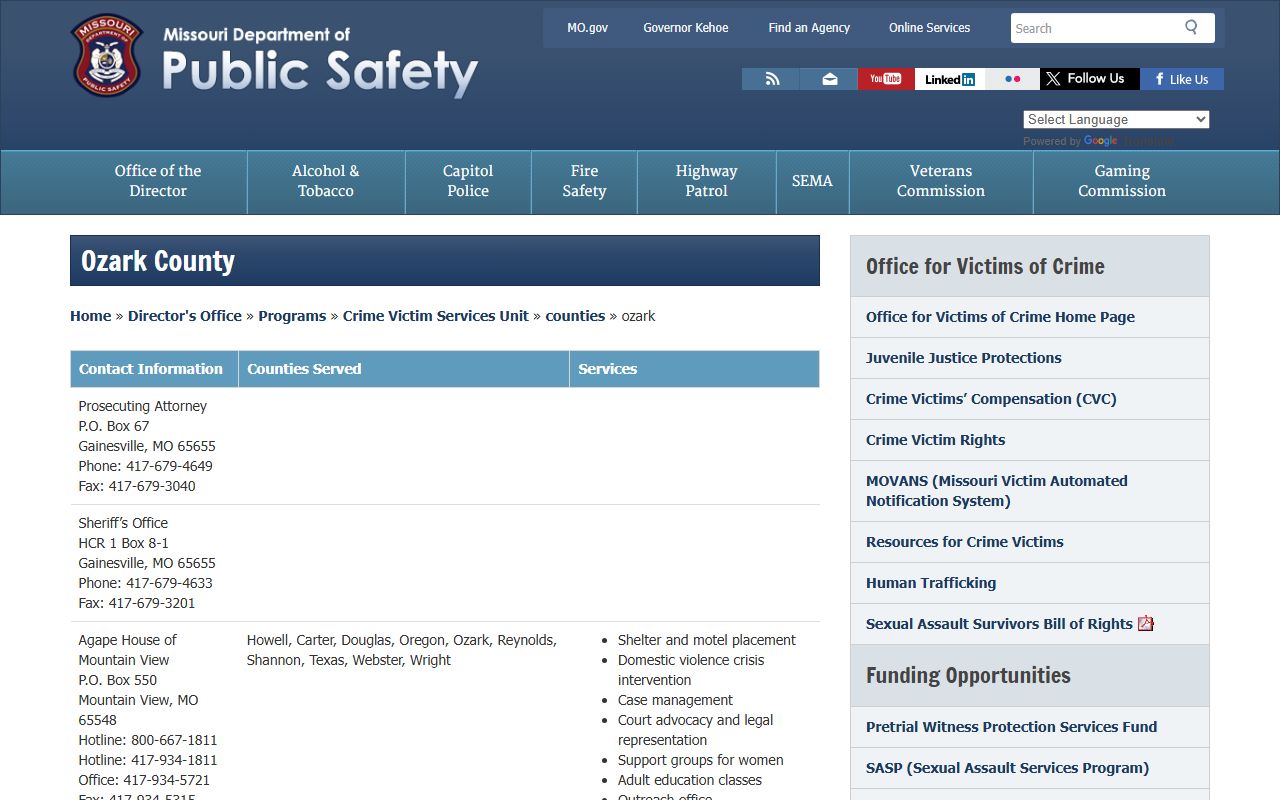 Ozark County Missouri DPS sex offender registry page