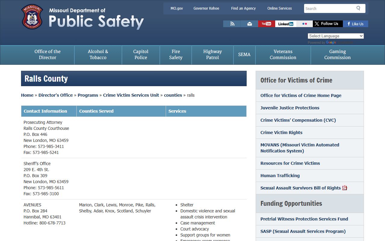 Ralls County Missouri DPS sex offender registry page