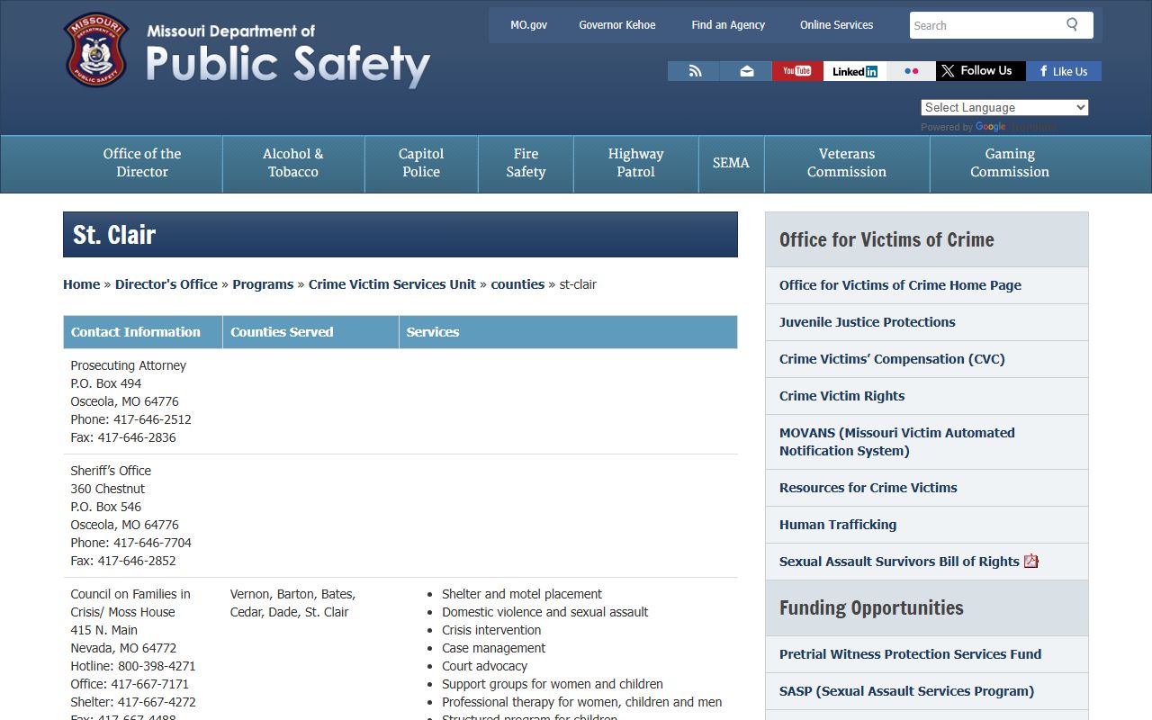 St. Clair County Missouri DPS sex offender registry page