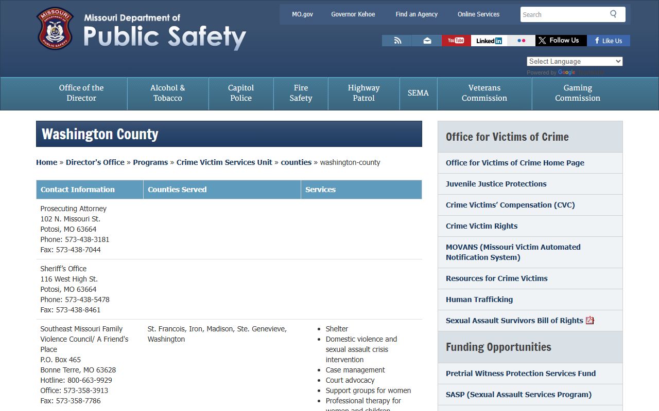 Washington County Missouri DPS sex offender registry page