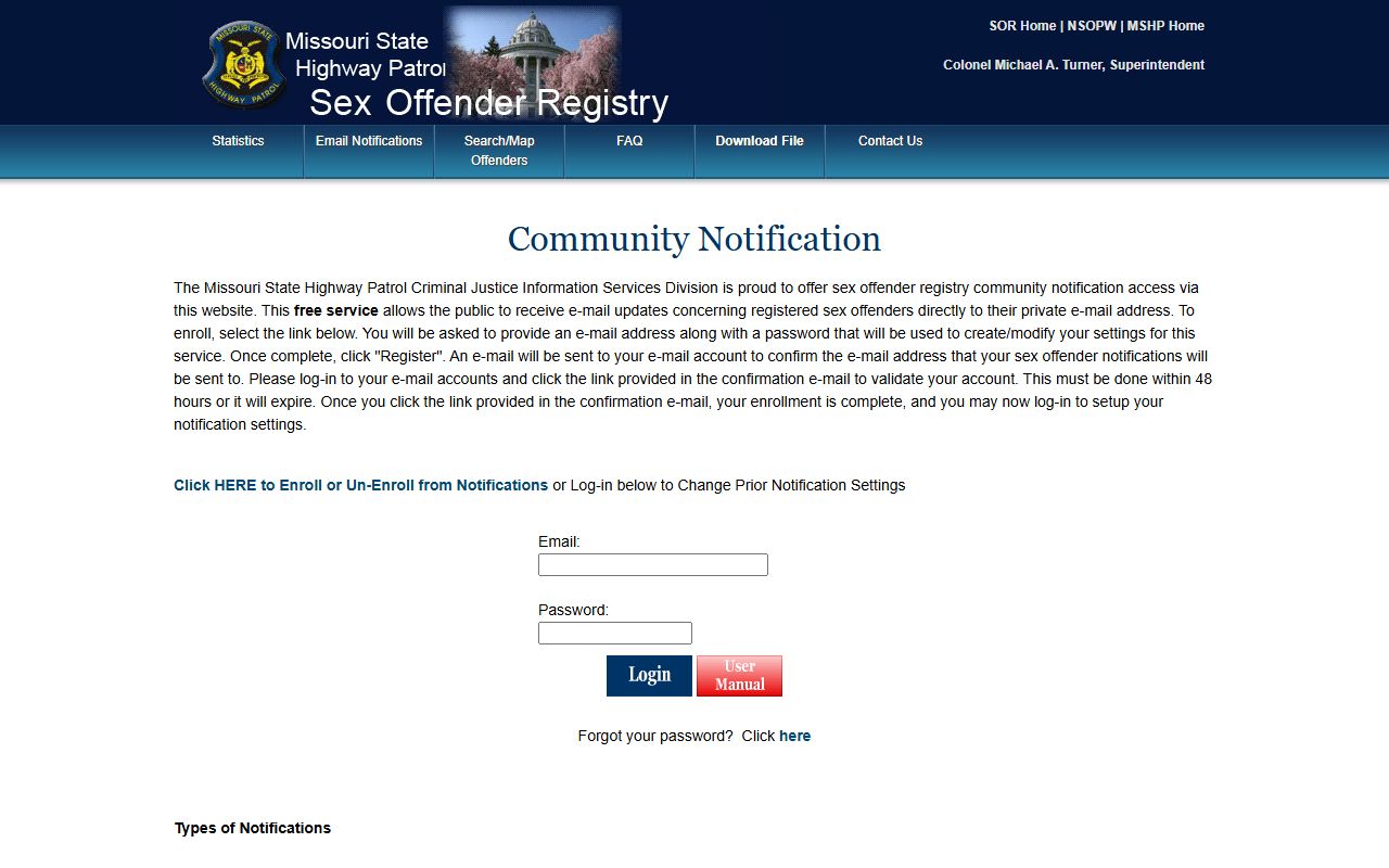 Missouri sex offender community notification enrollment system